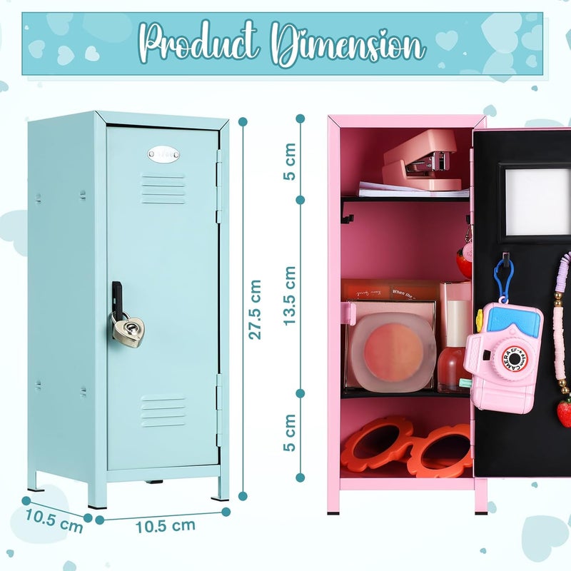 Vercraft 2 Pcs Mini Metal Locker Storage with Lock and 2 Keys 10.8 Inch Small Money Security and Cash Safe Box for Jewelry Back to School Home Office Desktop Container(Pink Teal) - Image 3